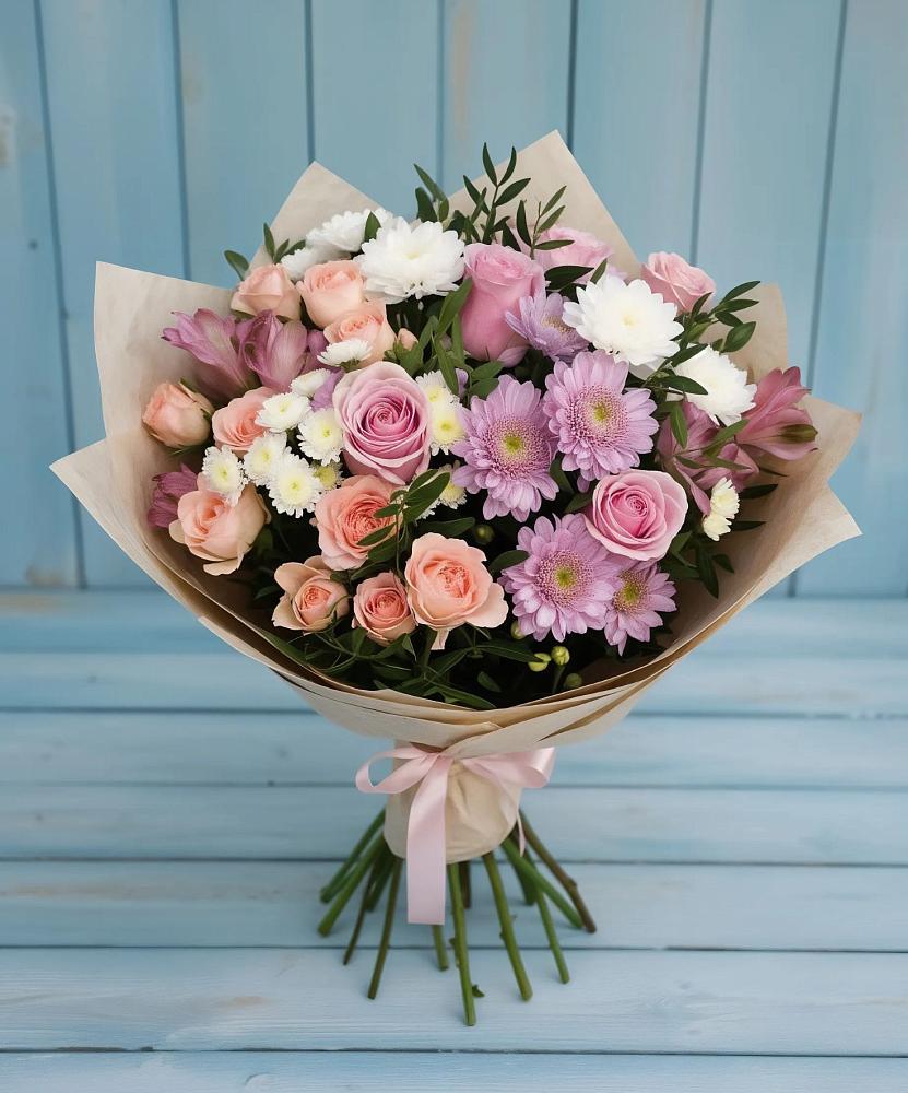 Букет цветов из: Хризантемы, Розы и Альстромерии в Северо-Восточные Сады