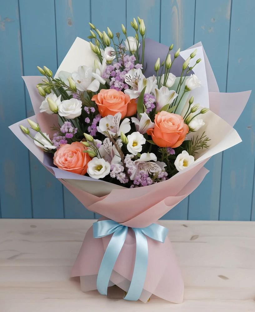 Букет цветов из: Лизиантусы, Розы, Альстромерии и Гипсофила в Северо-Восточные Сады