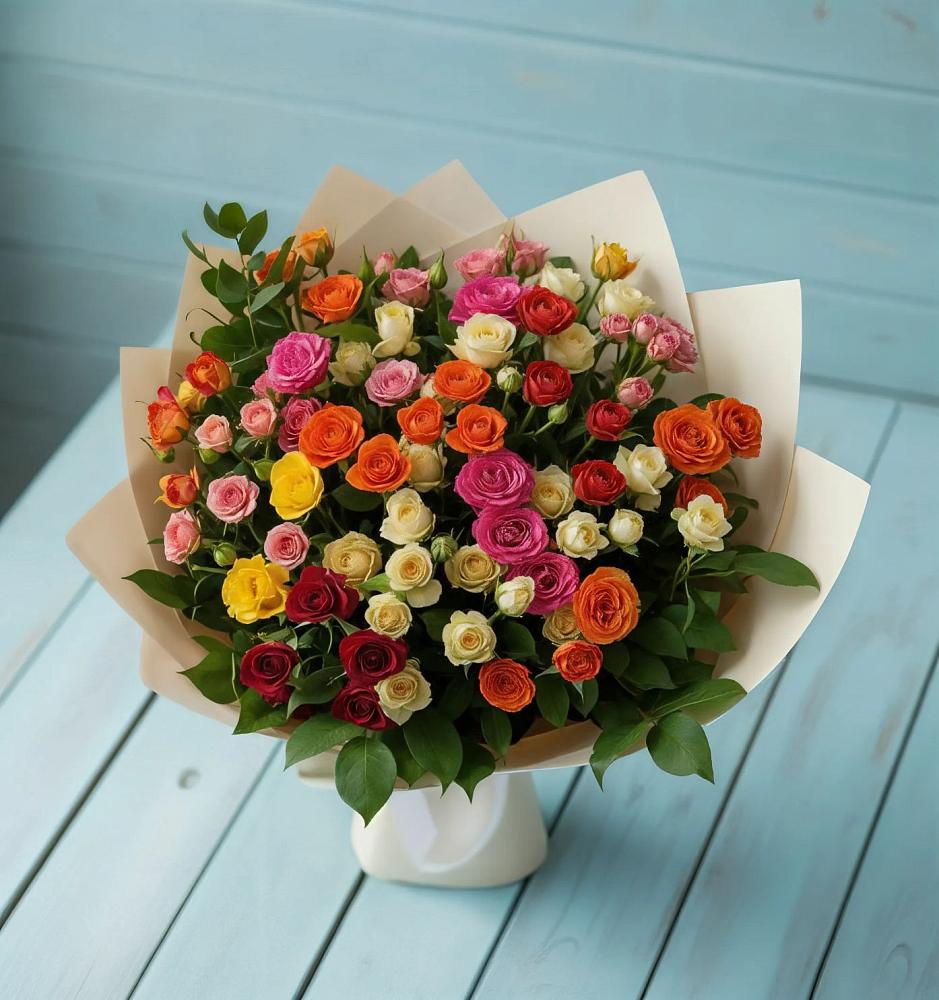 Букет Микс из разноцветных кустовых роз в Северо-Восточные Сады