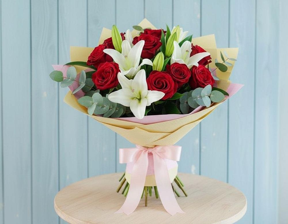 Букет цветов из: Лилии и Розы в Северо-Восточные Сады