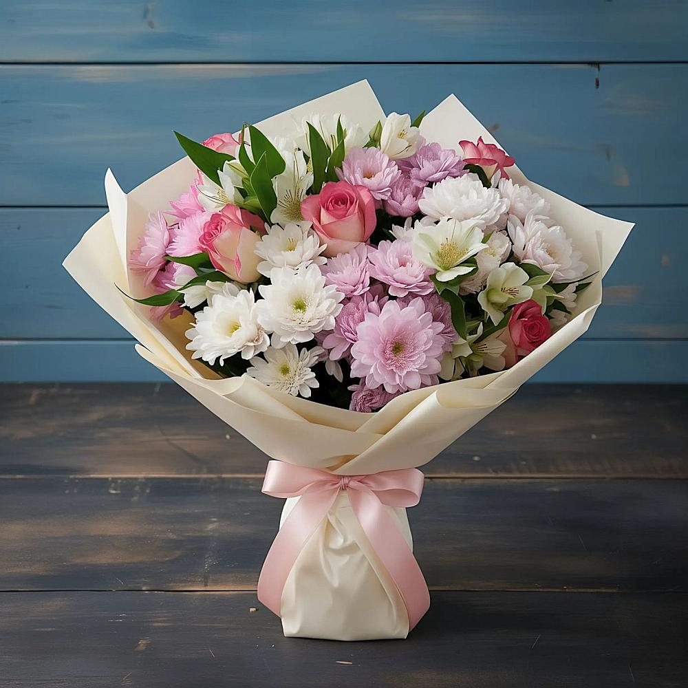 Букет цветов из: Хризантемы, Альстромерии и Розы в Северо-Восточные Сады